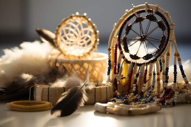 Foto artesanato dos nativos americanos, incluindo miçangas e apanhadores de sonhos