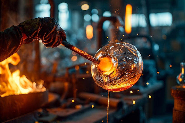 Foto artesanato em ação inflando vidro fundido por soprador