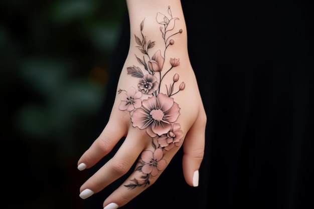 Foto artesanato florescente tatuagens de flores cativantes adornam a mão esquerda ar 32