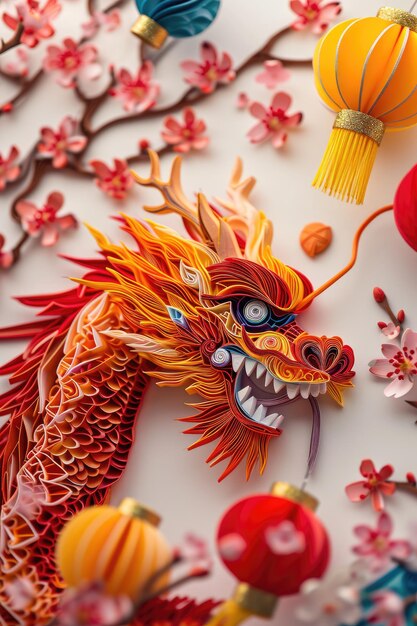 Foto artesanía cortada en papel quilling multidimensional dragón del zodiaco de estilo chino con linternas y flores