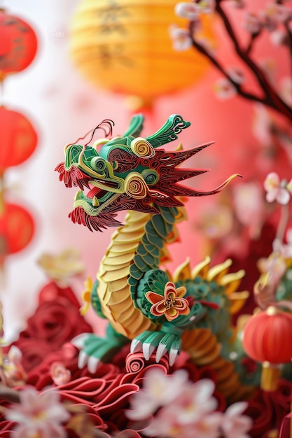Artesanía cortada en papel quilling multidimensional dragón del zodiaco de estilo chino con linternas y flores