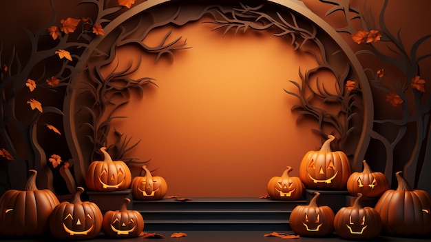 Artesanía de corte de papel relieve 3D tema de Halloween con Jack o linterna en el tema de color naranja IA generativa