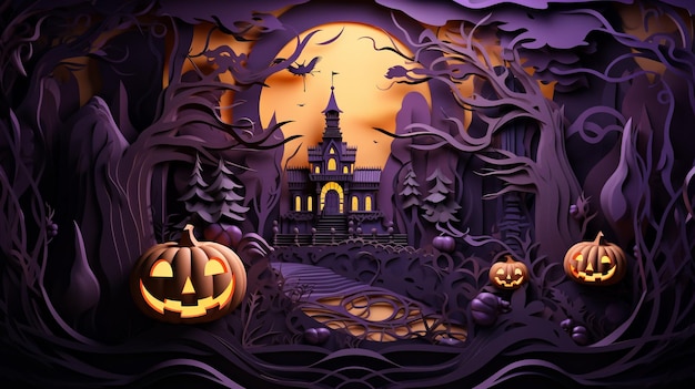 Artesanía de corte de papel relieve 3D tema de Halloween con Jack o linterna en el tema de color púrpura IA generativa