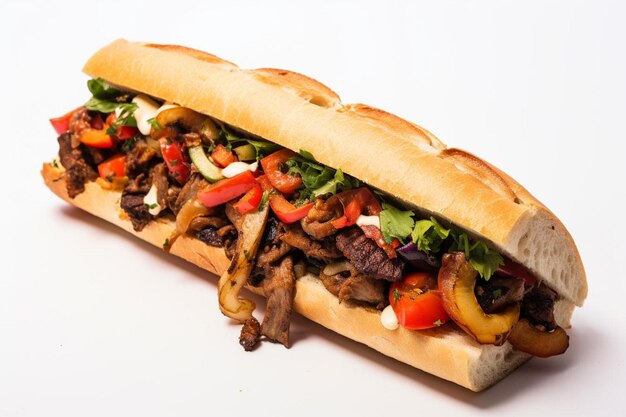 Artesanía culinaria Cheesesteak hecho a mano sobre fondo blanco Comida deliciosa