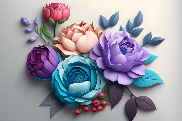 Artesanía floral 3D flores moradas, rosas, rosas y azules en un fondo claro