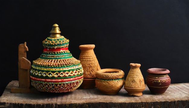 Artesanía hecha a mano a partir de productos naturales canasta de mimbre tejida placa de bambú y canasta tejer hoja de ratán concepto ecológico y sostenible AI generado