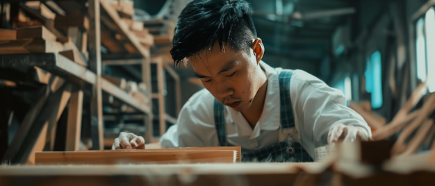 La artesanía de un joven carpintero asiático que crea materiales de construcción y muebles de madera