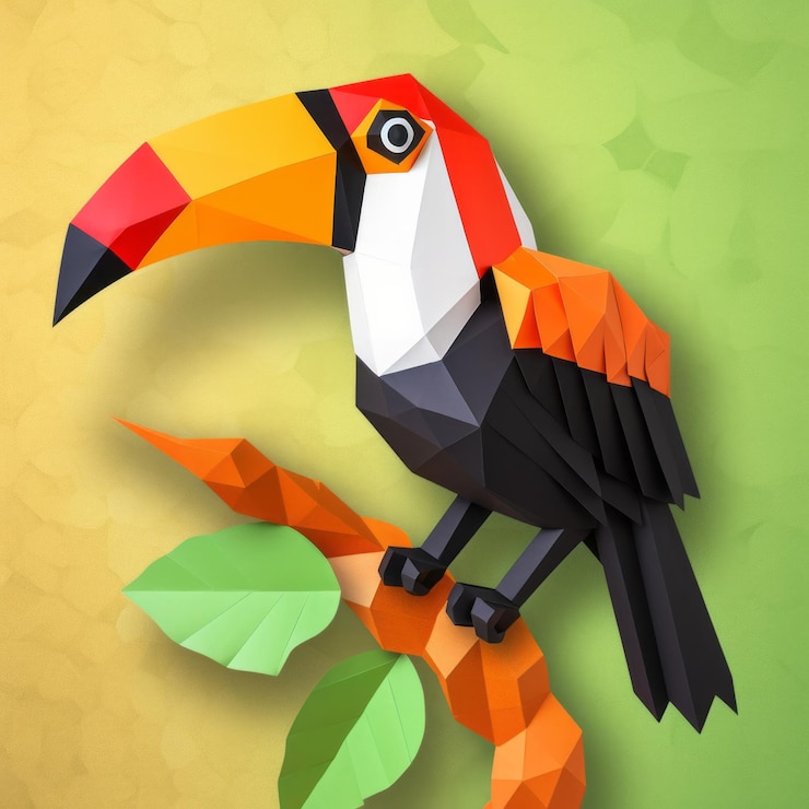 Foto artesanía de papel colorido toucan diseño poligráfico bajo con piezas interactivas