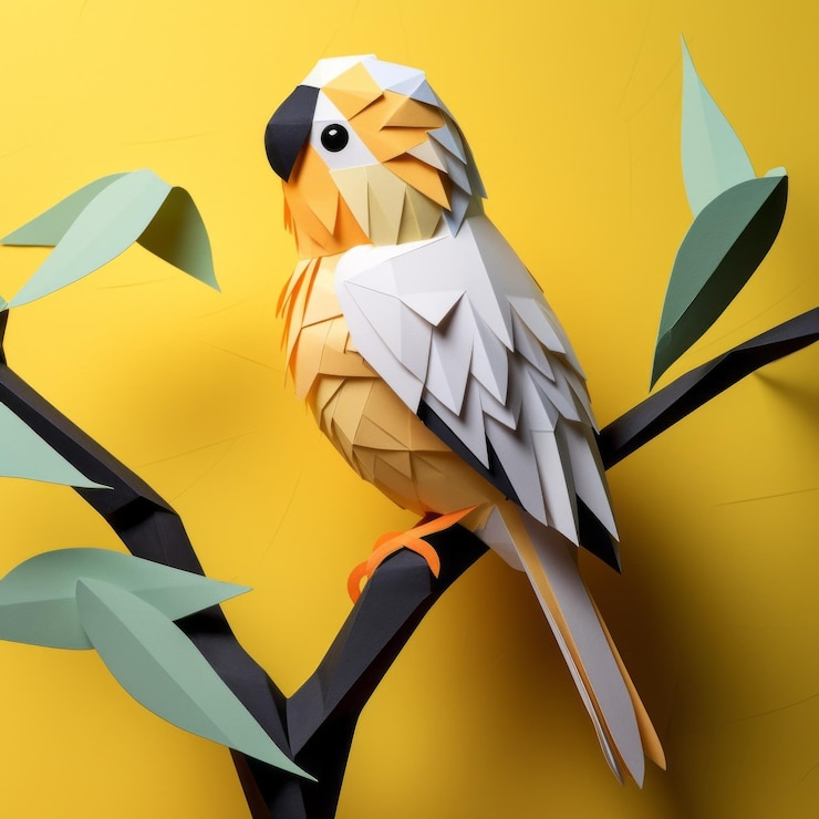 Foto artesanía de papel diy cockatiel con un diseño de polígono llamativo
