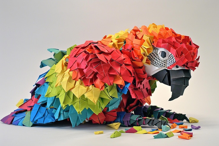 Foto artesanía de papel origami de loro de colores