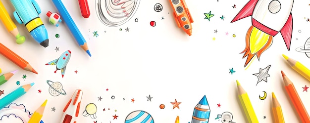 Artesanías creativas para niños y herramientas de dibujo coloridas Doodles dibujados a mano y fondo artístico Perfecto para material educativo y diseño artístico AI