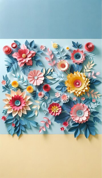 Artesanías de papel con flores sobre un fondo azul