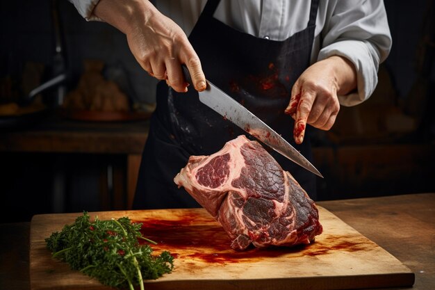 El artesano corta hábilmente el hombro del cordero demostrando su dominio sobre el proceso de preparación de la carne