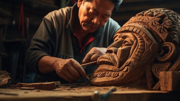 Foto artesano crea una vibrante máscara ceremonial de madera de cobre en méxico