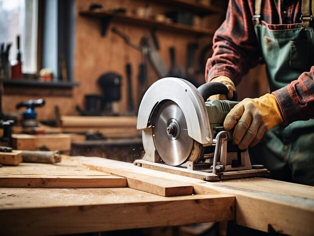 Artesano experto cortando una tabla de madera con una sierra circular en un taller