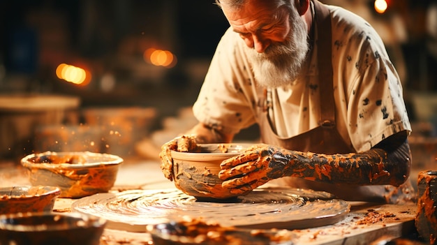 Artesano haciendo cerámica en taller usando equipo