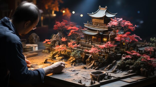 Foto un artesano está haciendo un modelo en miniatura de una casa tradicional china en el patio