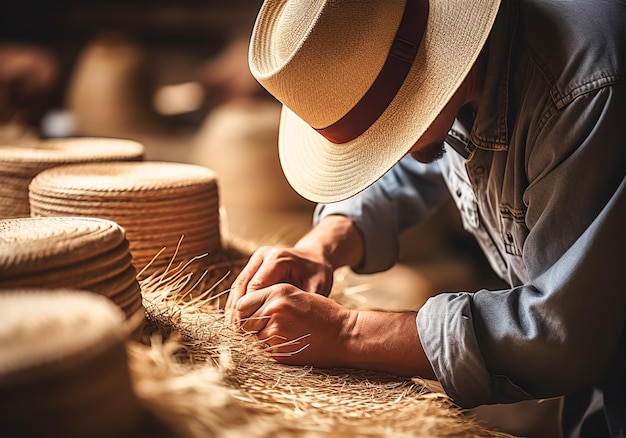 Artesano haciendo sombreros de paja Artesanías tradicionales hechas a mano generadas por IA