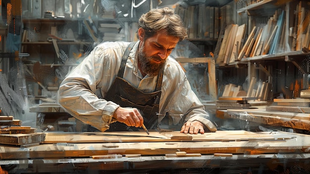 Foto un artesano meticuloso planifica meticulosamente la madera en un taller desordenado