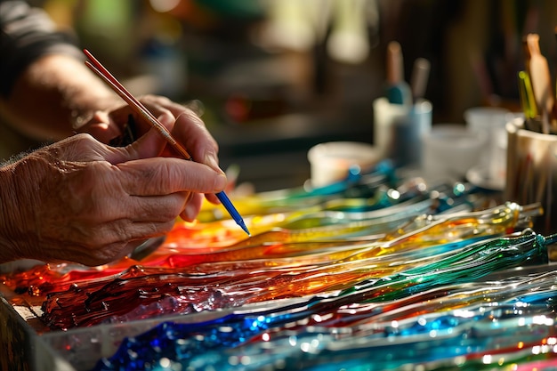 Artesano que crea arte de vidrio colorido en un estudio