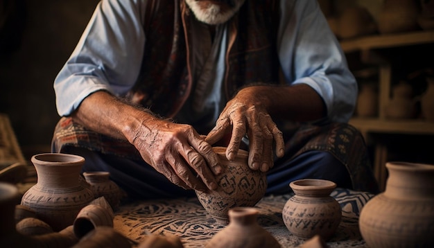 Foto un artesano que crea hábilmente la cerámica tradicional paquistaní