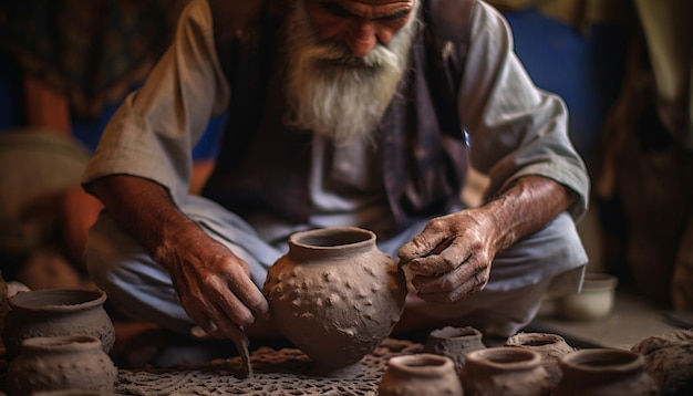 Foto un artesano que crea hábilmente la cerámica tradicional paquistaní