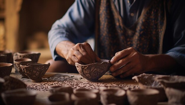 Foto un artesano que crea hábilmente la cerámica tradicional paquistaní