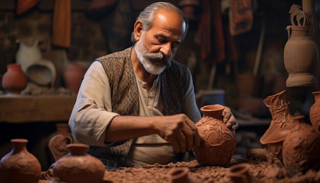 Foto un artesano que crea hábilmente la cerámica tradicional paquistaní