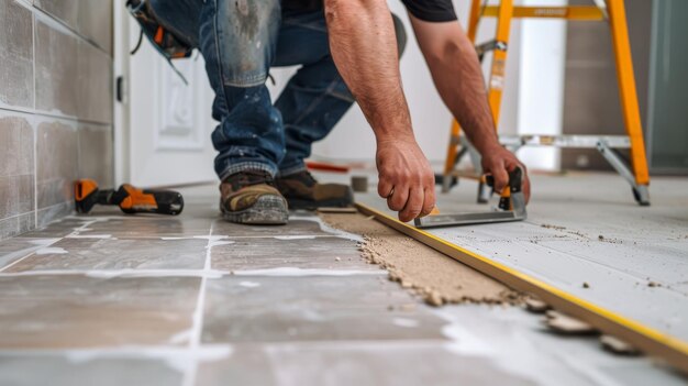 Un artesano que usa un nivel para colocar azulejos durante la mejora del hogar