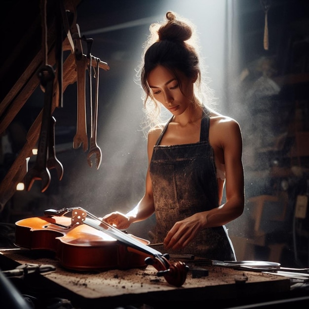 Un artesano repara un violín en un taller oscuro.