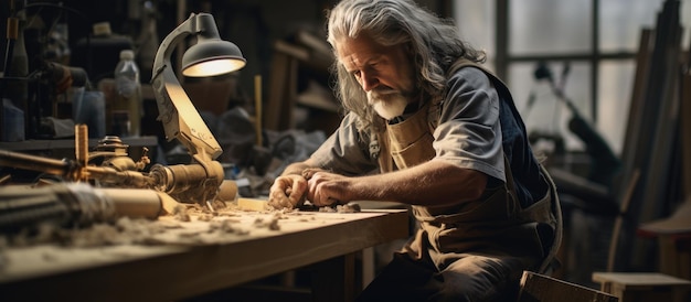 Artesano senior construyendo prótesis de pierna atornillando la articulación de la rodilla