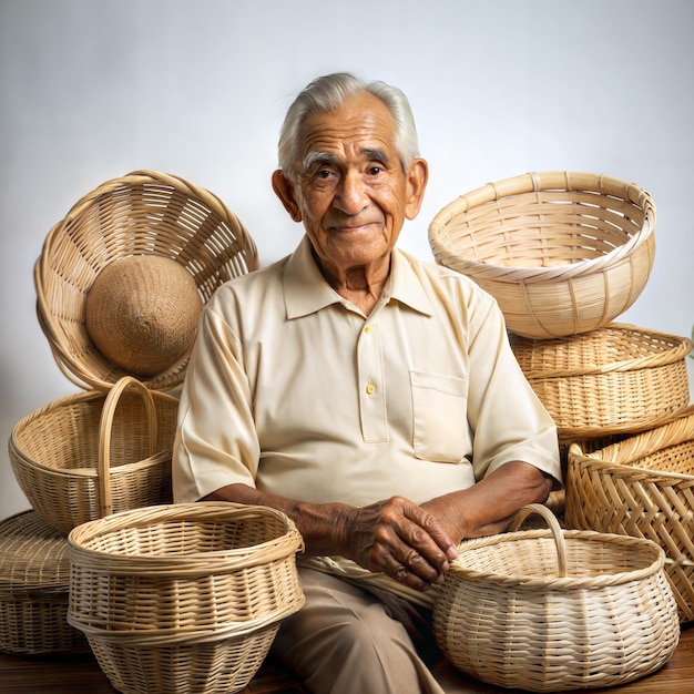 Artesano senior sonriendo con cestas de mimbre hechas a mano