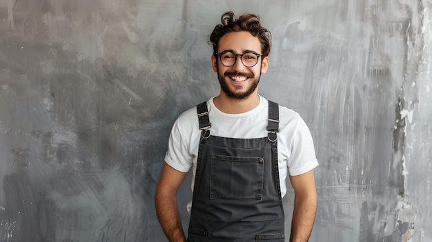 Artesano sonriente en un taller con gafas y delantal Joven confiado posando estilo de ropa de trabajo casual en la profesión creativa AI