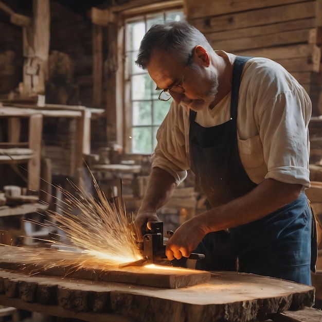 Artesano de tiro medio haciendo talla de madera