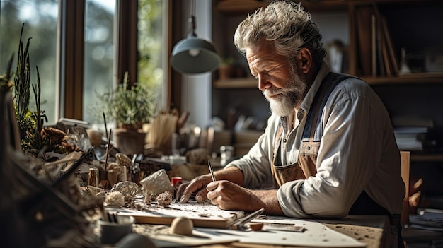 Artesano trabajando en miniatura de barco en casa durante el tiempo libre Concepto Hobby