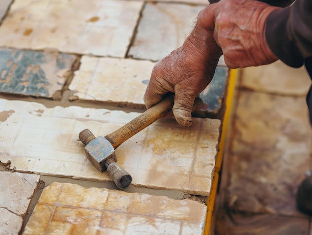 Artesano en el trabajo Artesano sénior Instalación de azulejos de precisión