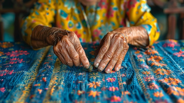 Artesanos hechos de algodón índigo Una mujer anciana examina un hilo de algodó Los artesanos locales han estado tejiendo algodón indigo durante generaciones