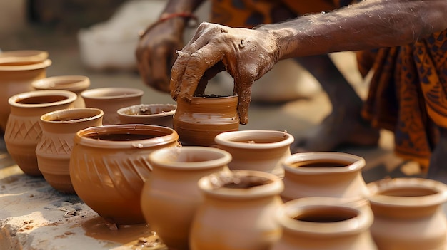 Artesanos con las manos elaborando cerámica cerámica tradicional enfocándose en los métodos de artesanía del patrimonio capturando la esencia del arte manual proceso de creación de cerámica artesanal IA