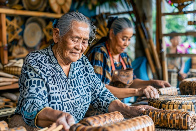 Artesanos tradicionales hacen cestas tejidas a mano en un taller rústico