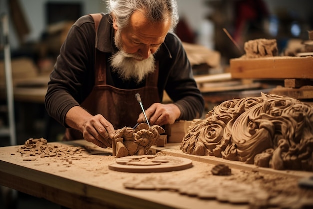 Artesão criando peça de madeira