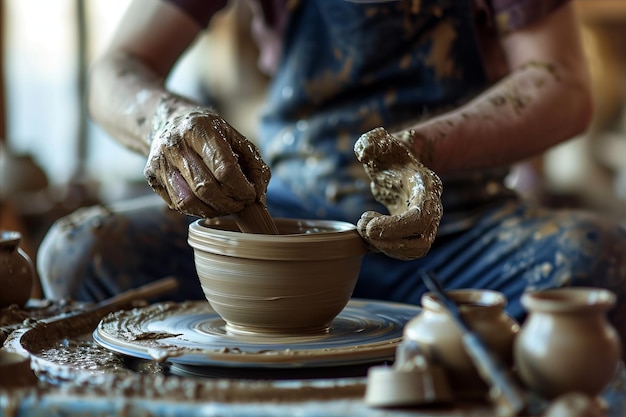 Artesão criando uma nova peça de cerâmica trabalhando com barro molhado em uma roda giratória em um rústico