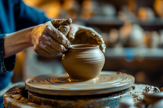 Artesão de avental jogando uma panela em uma roda em uma oficina de cerâmica tradicional com prateleiras de