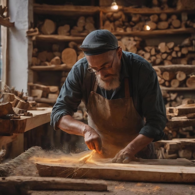 Artesão de tiro médio fazendo corte de madeira