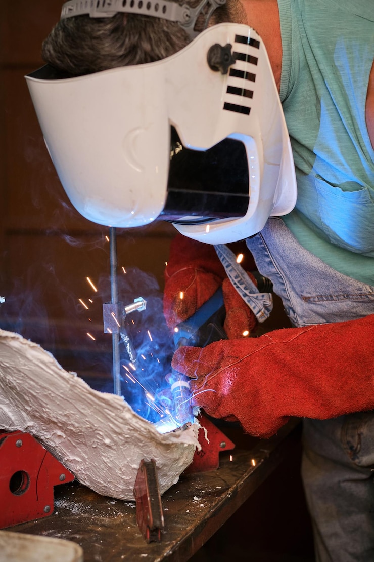 Foto artesão irreconhecível com capacete de proteção e luvas fixando detalhes metálicos com tocha de soldagem enquanto trabalhava em uma oficina profissional