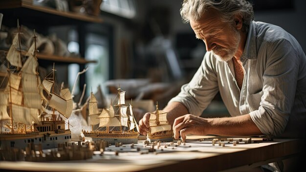 Artesão trabalhando em miniatura de navio em casa durante o tempo livre Conceito de hobby