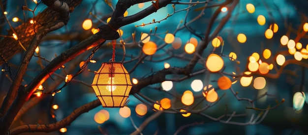 Artículo decorativo en un árbol iluminado por luces