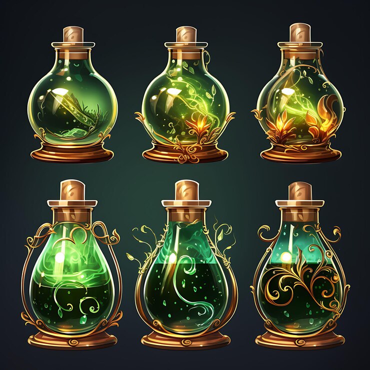 Foto artículo de juego potion shelf artículo de diseño de fantasía poción de salud elixi mágico ilustración idea de colección