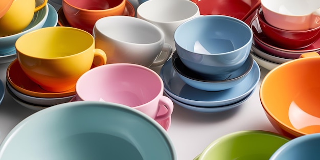 Artículos de cerámica multicolores para el hogar Vajilla colorida Pilas de tazones y tazas IA generada