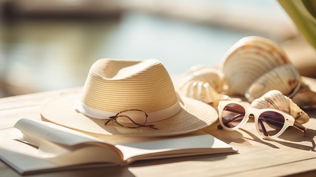 Los artículos esenciales de la playa son gafas de sol de bikini planas, boleto de pasaporte sobre un fondo de arena con conchas marinas.