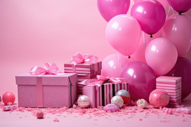Artículos de fiesta de cumpleaños rosa en una caja de regalo